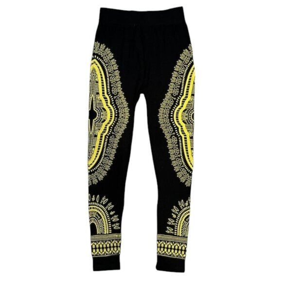 Black Leggings with Yellow African Aztec TATTOO Print Athletic Stretch One Size - Picture 5 of 7